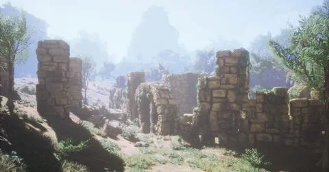 Exploring ancient stone ruins surrounded by lush greenery at dawn Stock Illustration