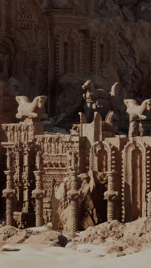 Exploring ancient structures with animal carvings in a rocky landscape Stock Footage 340880073