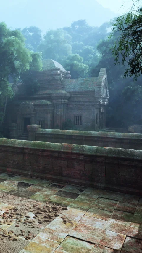 Exploring an ancient temple lost in the jungle near a remote mountain range Stock Footage 342121506
