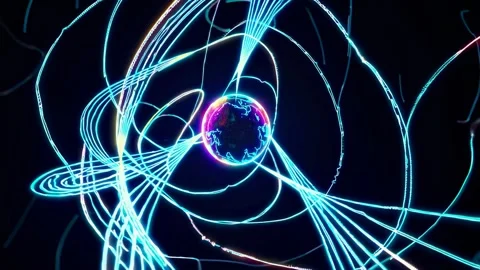 Exploring animated visuals of the earth surrounded by vibrant energy lines in a Stock Footage 297460322
