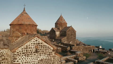 Exploring Armenia, aerial drone view of Sevanavank monastic complex Stock Footage 171212367