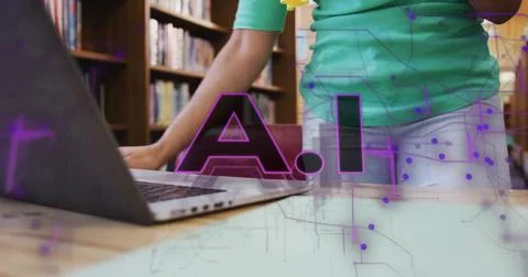 Exploring artificial intelligence concepts, person using laptop in school Stock Photos