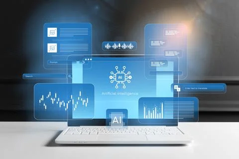 Exploring artificial intelligence on a laptop with data graphs and sound waves Foto stock