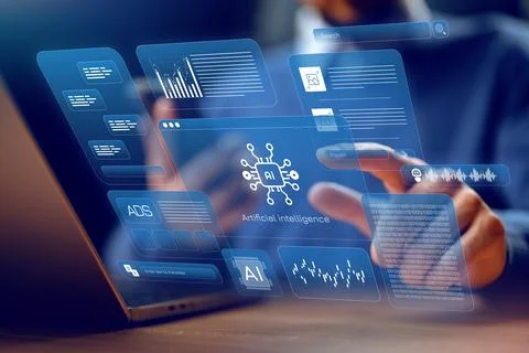 Exploring artificial intelligence tools on a digital screen during a work Stock Photos