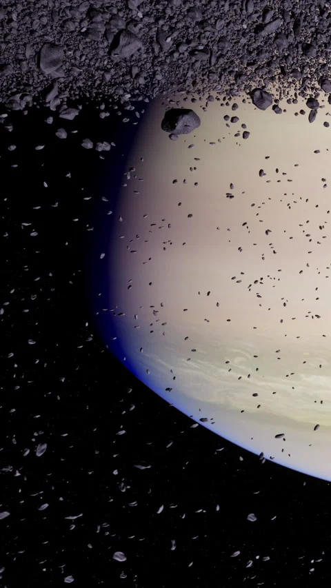 Exploring the asteroid field surrounding the planet in deep space at night Stock Footage 337896006
