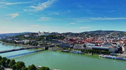 Exploring the banks of the Danube River in Bratislava, Slovakia Stock Footage 337876495