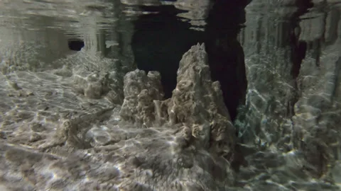 Exploring bottom of cenote Underwater Stalagmites In Yucatan Mexican Cenote Stock Footage 253209861
