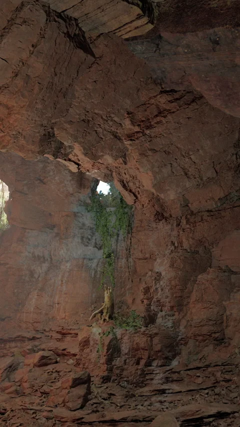 Exploring a cave with light shining through a small opening and plants growing Stock Footage 339508701