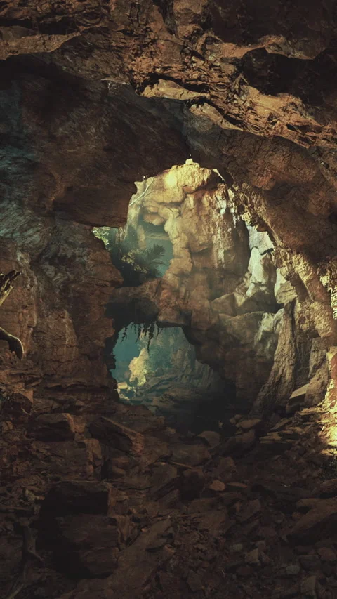 Exploring a cave with rock formations and light in the background Stock Footage 331709394