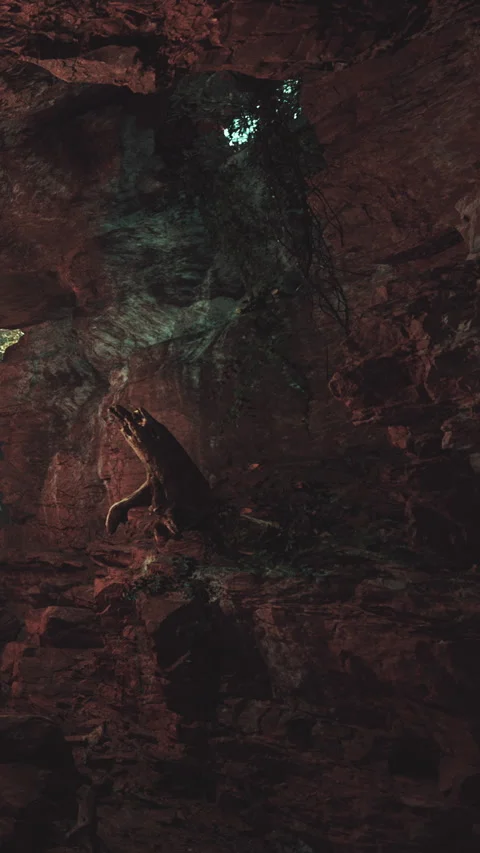 Exploring a cave with rock formations and shadows during evening light Stock Footage 340877130