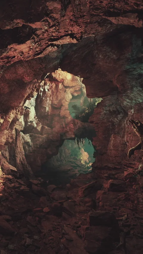 Exploring a cave with rocks and natural light during the day Stock Footage 339508146
