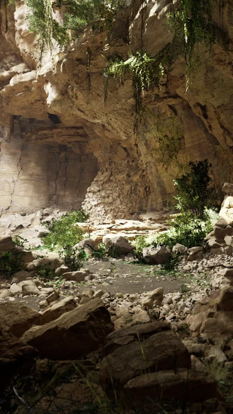 Exploring a cave with rocks, plants, and a small stream in the background Stock Footage 334050510