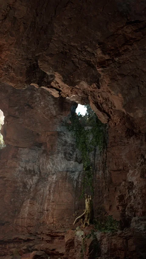 Exploring a cave with a tree and light coming through the rock formation Stock Footage 340880089
