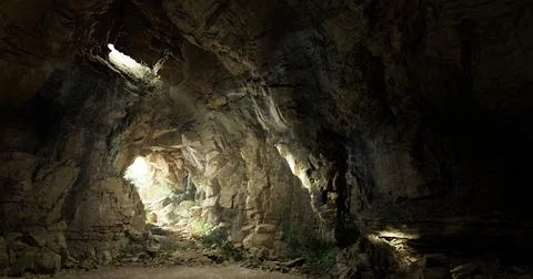 Exploring a cavernous cave with sunlight filtering through dramatic openings Illustrazione stock