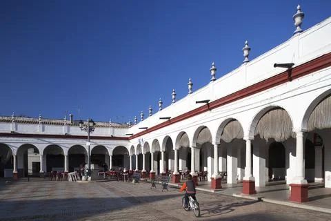 Exploring the Charming Market Square of Carmona, Seville Under Clear Skies Stock Photos