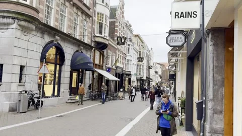 Exploring the charming streets of a Dutch city on a cloudy day Stock Footage 310596466