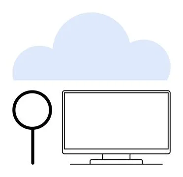 Exploring Cloud Computing with Magnifying Glass and Desktop Monitor 스톡 일러스트