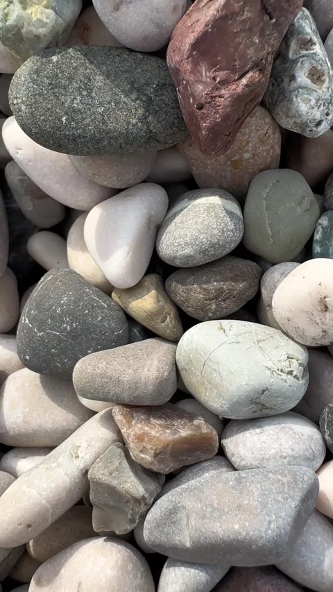 Exploring a collection of smooth pebbles on a sunny day by the riverside Stock Footage 290514743