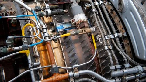 Exploring the complex details of an aircraft engine in action Stock Photos