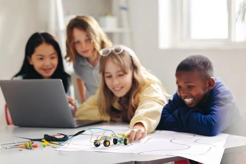Exploring computer science with hands-on robot programming for kids Stock Photos