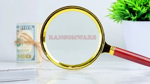 Exploring the Concept of Magnification Text animation by RANSOMWARE. Technology Stock Footage 296050558