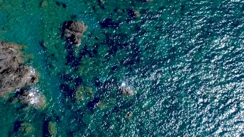 Exploring the Crystal Clear Waters and Rocky Coastline at Sunset in a Remote Stock Footage 317760203
