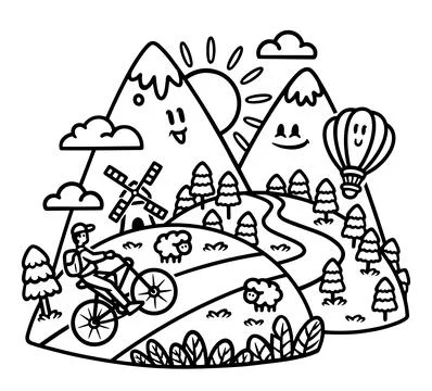 Exploring cute mountain by cycling line illustration Stock Illustration