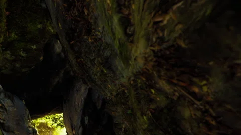 Exploring a dark cave with light shining at the end during daylight hours 스톡 동영상 344288095