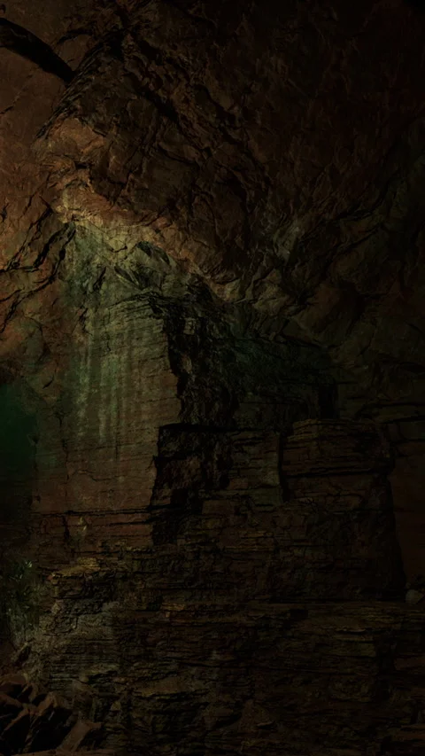 Exploring a dark cave with rock formations and small water pool Stock Footage 340878179