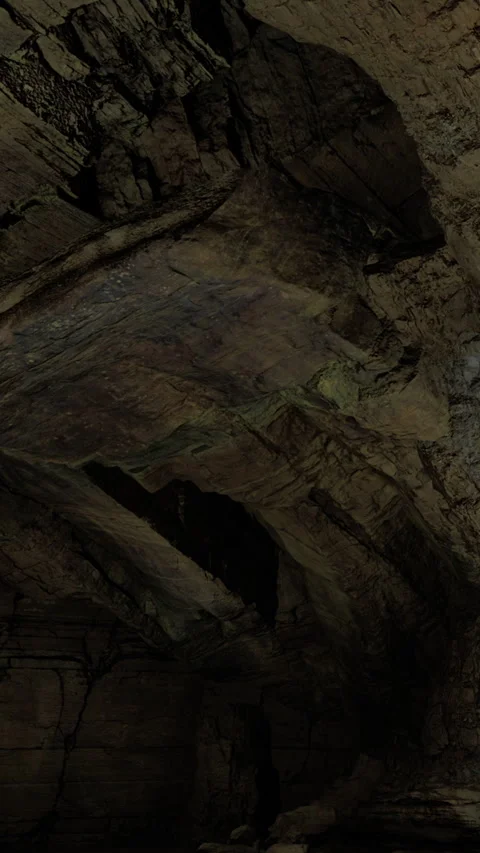 Exploring dark cave with unique rock formations and shadows in the background Stock Footage 331764101