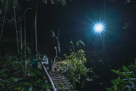 Exploring a dark forest with flashlight Stock Photos