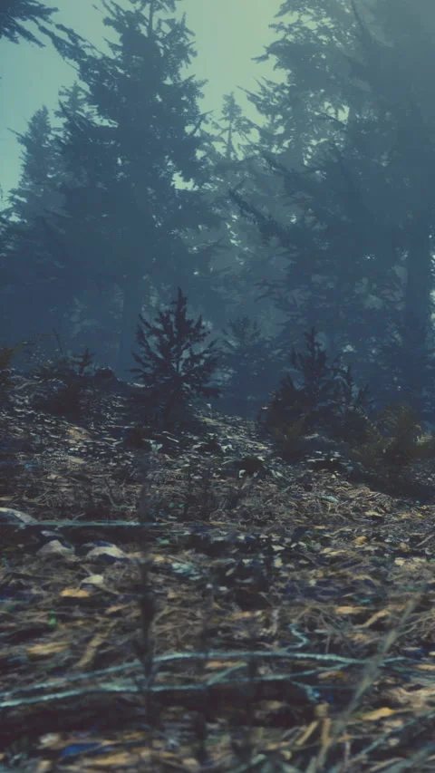 Exploring a dark forest path surrounded by tall trees in early morning light Stock Footage 338381327