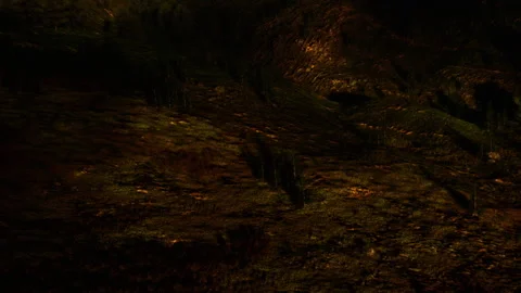 Exploring a dark underground cave with moss and rocks at night Stock Footage 340230541