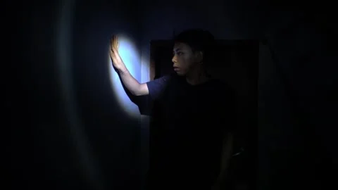 Exploring Darkness with a Flashlight Stock Footage 313468059