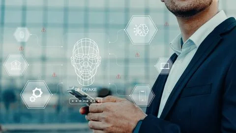 Exploring deep fake technology with a smartphone in a modern urban setting Stock Photos