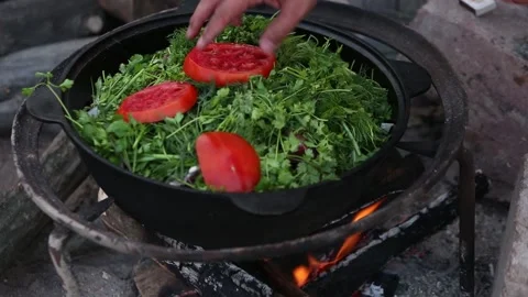 Exploring the Delight of Fresh Vegetable Cooking Over a Campfire in Natures Stock Footage 314974715
