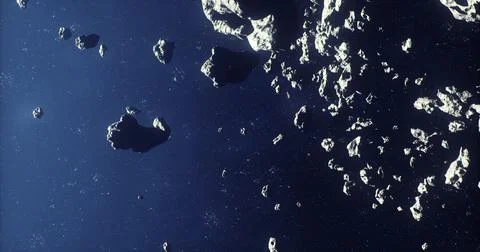 Exploring a dense field of asteroids floating in deep space during twilight Stock Illustration