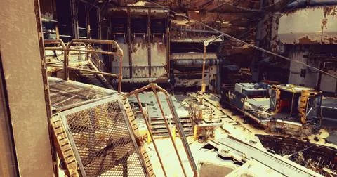 Exploring a desolate industrial site with rust and decay in urban setting Stock Illustration