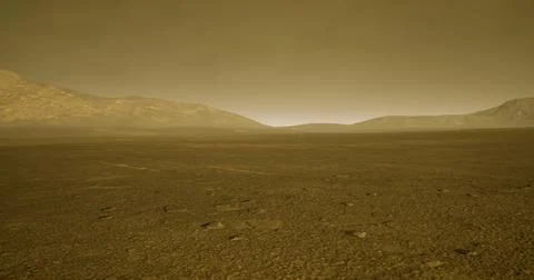 Exploring the desolate landscape of Mars during a dust laden sunset Stock Illustration