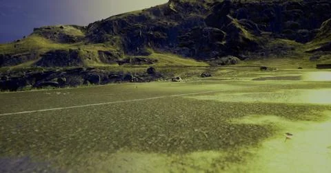 Exploring a desolate road surrounded by rugged mountains during twilight Stock Illustration