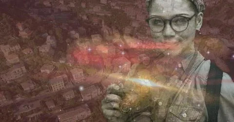 Exploring digital interface, African American person holding camera over urban Stock Illustration