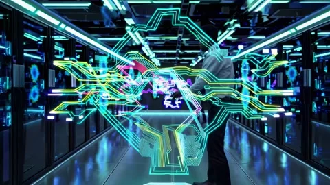 Exploring digital network flow optimization in a high-tech server room Stock Footage 296396787