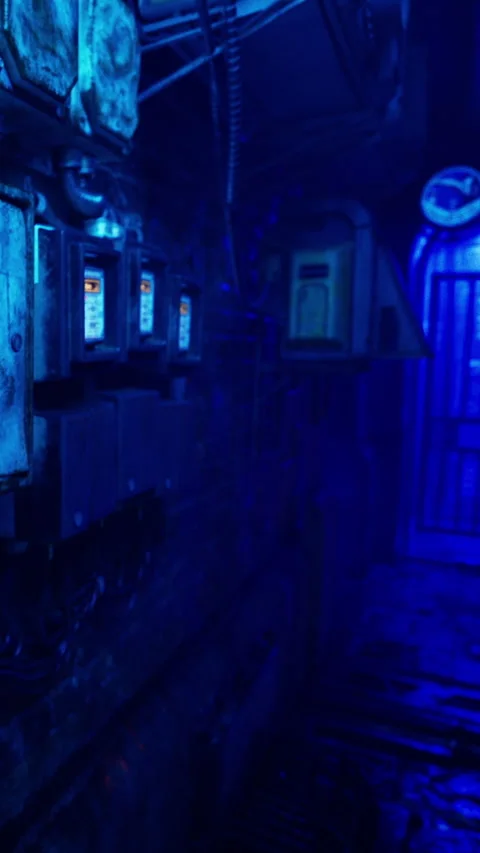 Exploring a dimly lit corridor with electrical panels and blue lighting Stock Footage 340893634