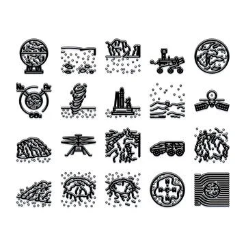 Exploring distant planet surface and geological research icons Stock Illustration