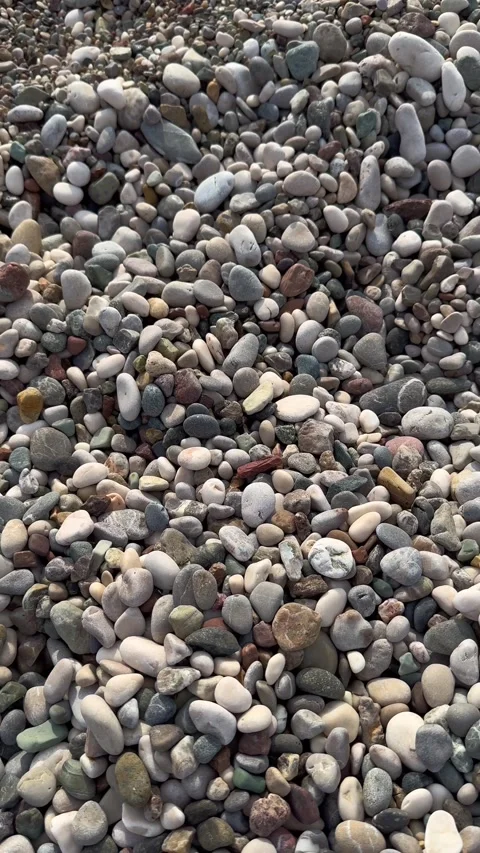 Exploring the diverse textures and colors of pebbles along the serene shoreline Stock Footage 290514696