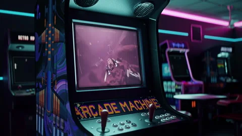 Exploring the dunes in a simulator played on the classic gaming arcade machine Stock Footage 292821602