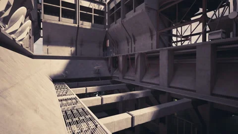 Exploring an expansive industrial space with structural details and machinery Stock Footage 331418630