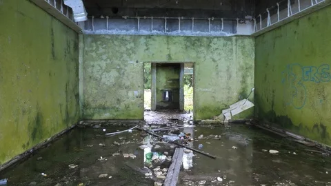 Exploring Flooded Empty Building. End Of The World Concept Background Stock Footage 89380982
