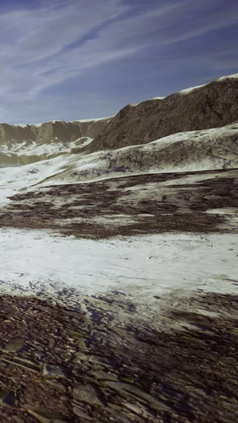 Exploring the frozen landscape of a distant alien world under a bright sky Stock Footage 334256692