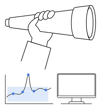 Exploring Future Trends Hand with Telescope, Data Graph, and Computer Monit.. Illustrazione stock